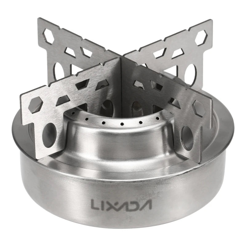 Stainless steel camping stove with 'Lixada' branding on a white background