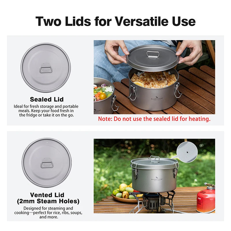 Two lids for a camping pot with text explaining their uses.