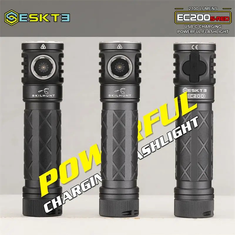 Three black flashlights with 'ESKT3' branding on a gray background