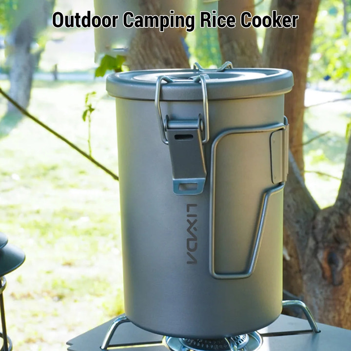 Outdoor Camping Rice Cooker with Lixada branding on a camping stove.