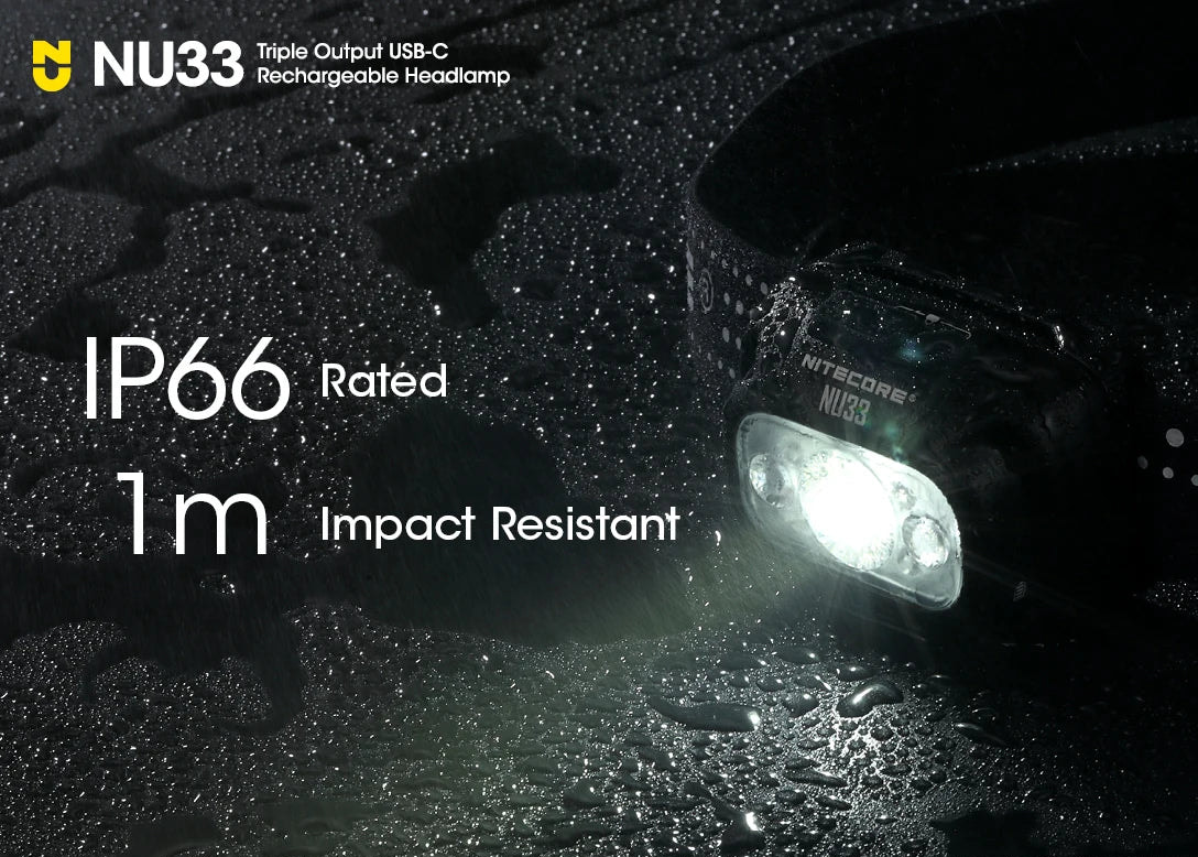 Nitecore headlamp with glowing light on a dark background, featuring IP66 rating text.