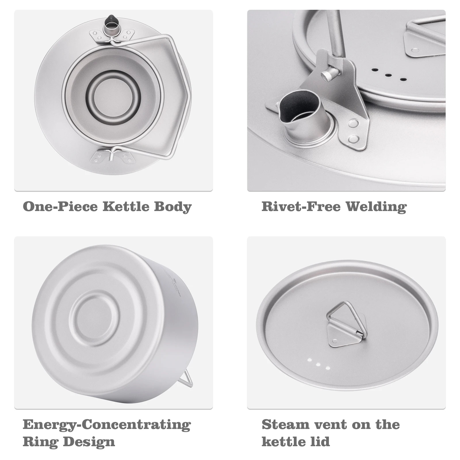 Collage of features of a kettle including one-piece body, rivet-free welding, energy-concentrating ring design, and steam vent on lid.
