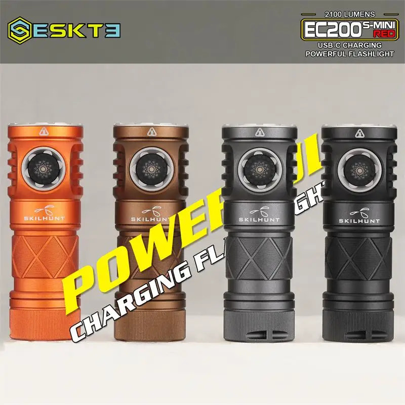 Four SKILHUNT flashlights in orange, brown, black, and gray on a white background with 'Power Charging Flashlight' text.