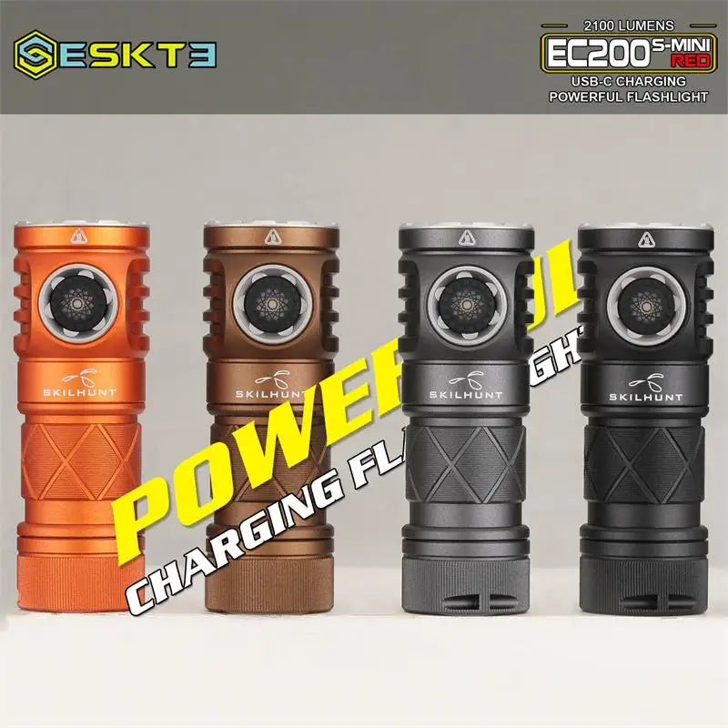 Four SKILHUNT flashlights in orange, brown, black, and gray on a white background with 'Power Charging Flashlight' text.