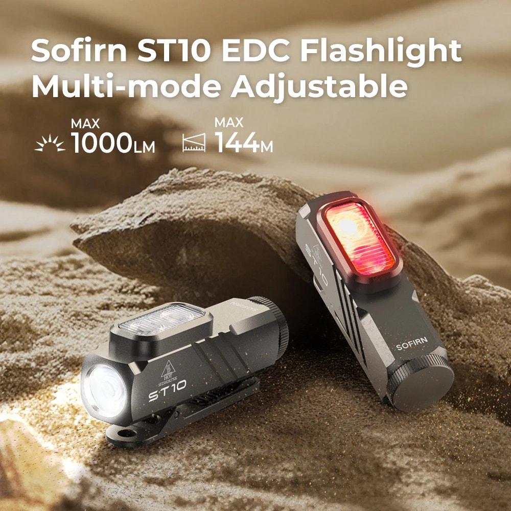 Sofirn ST10 EDC Flashlight on a rock with sand in the background