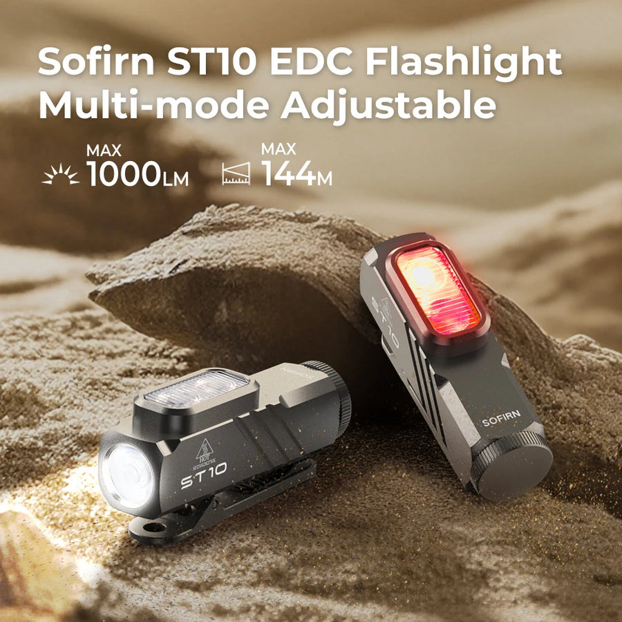Sofirn ST10 EDC Flashlight on a rock with sand in the background