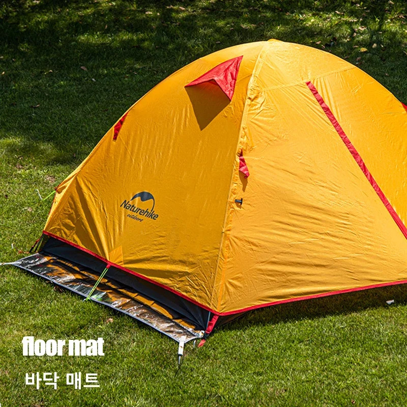Yellow tent with red accents on grass, featuring Naturehike logo.