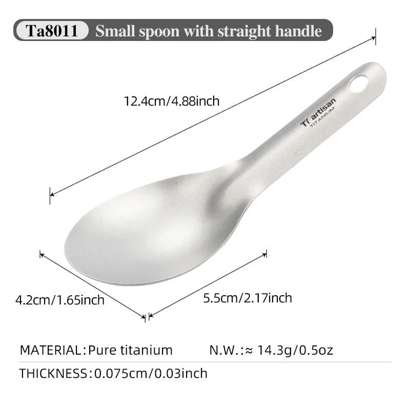 Small spoon with straight handle and measurements on a white background