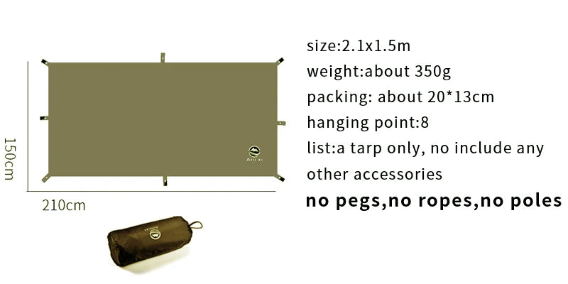 Tarp with dimensions, weight, and features on a white background