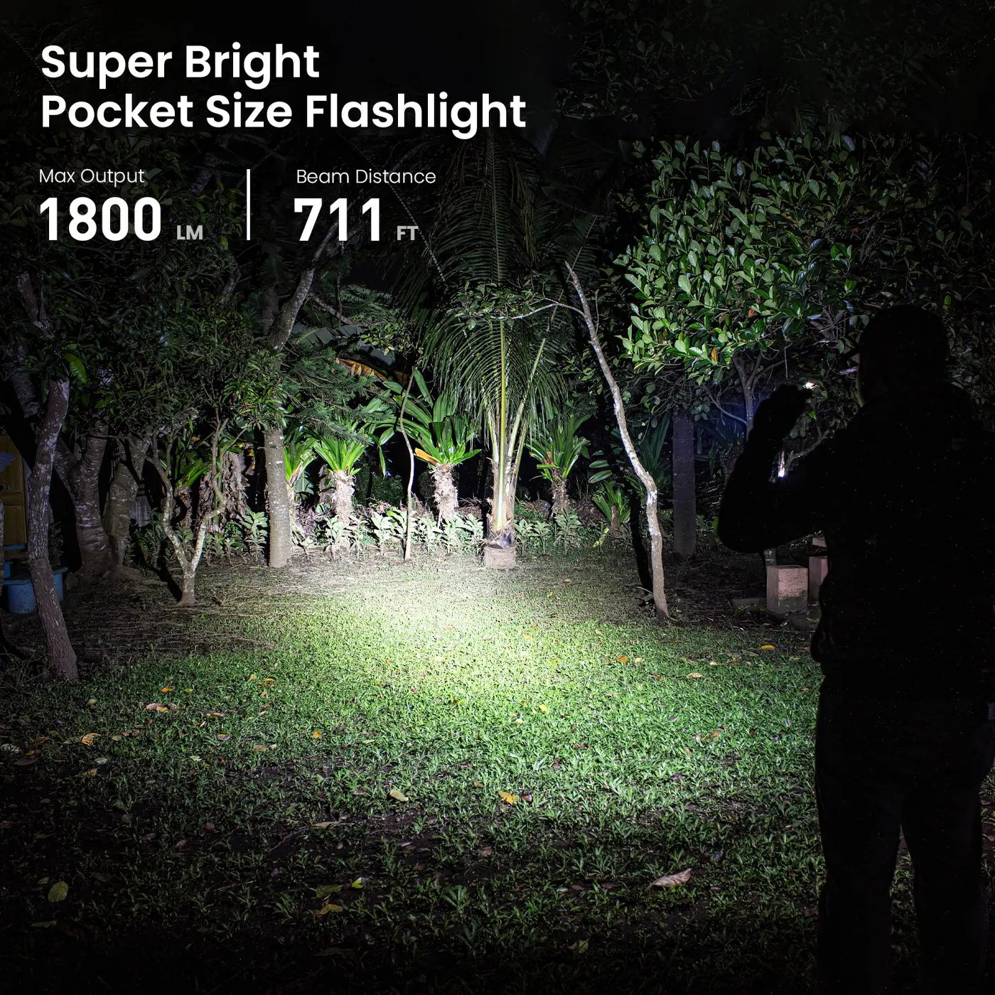 Person using a flashlight in a dark forest with product details on screen