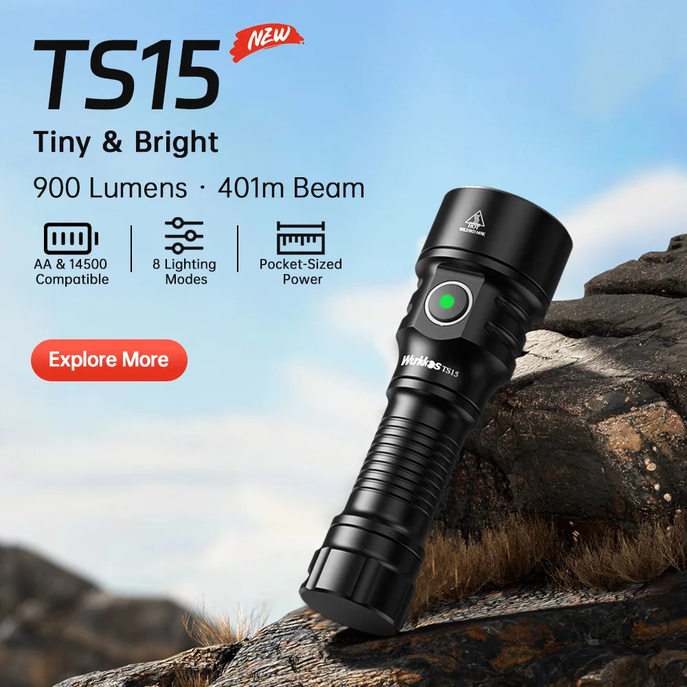 Black flashlight on a rock with product details and branding.