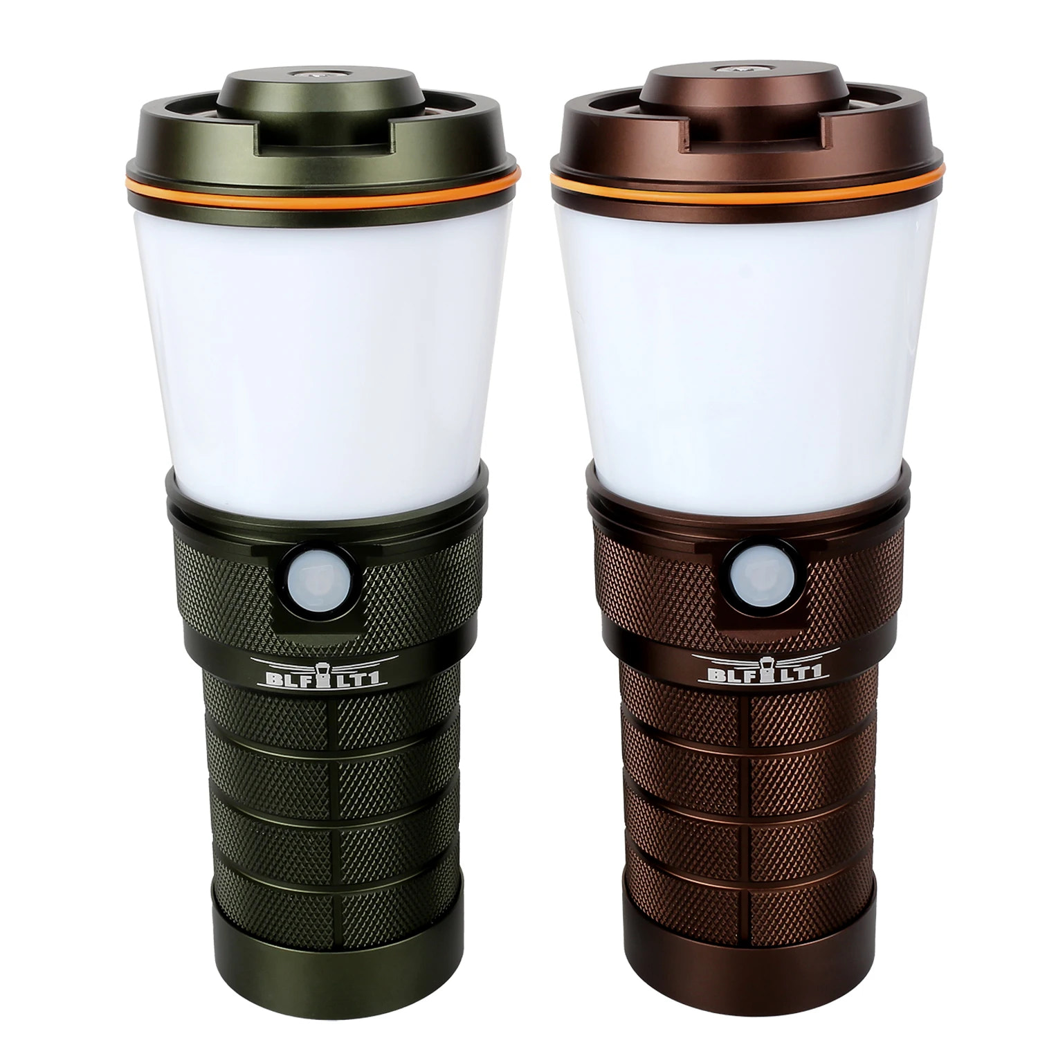 Two lanterns, one green and one brown, on a white background.