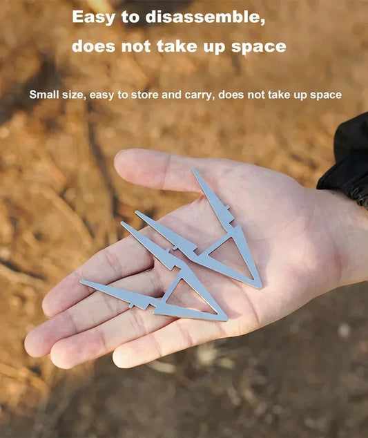 Metal folding tool held in a hand with text about its features on a natural background