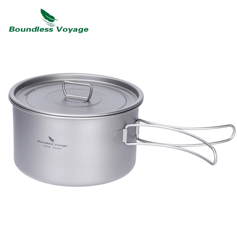 Camping pot with lid on a white background, featuring Boundless Voyage branding.