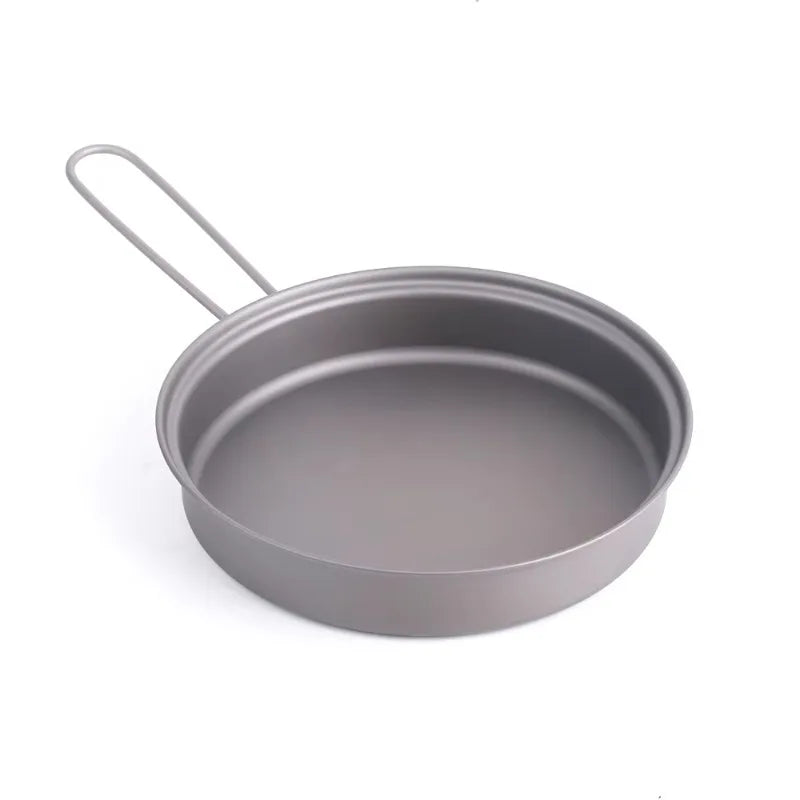 Gray camping pan with handle on a white background
