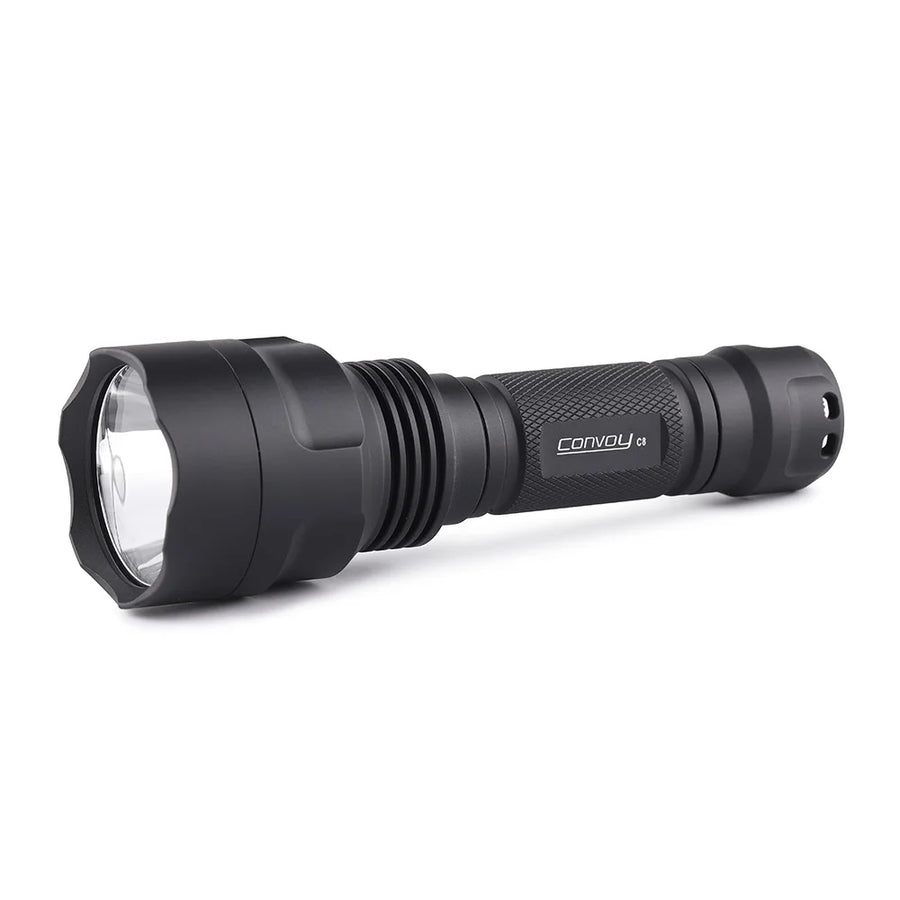 Black flashlight with 'Convoy' branding on a white background