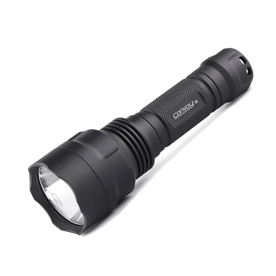 Black flashlight with brand name on a white background