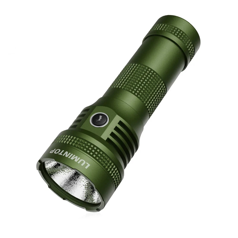 Green flashlight with Lumintop branding on a white background