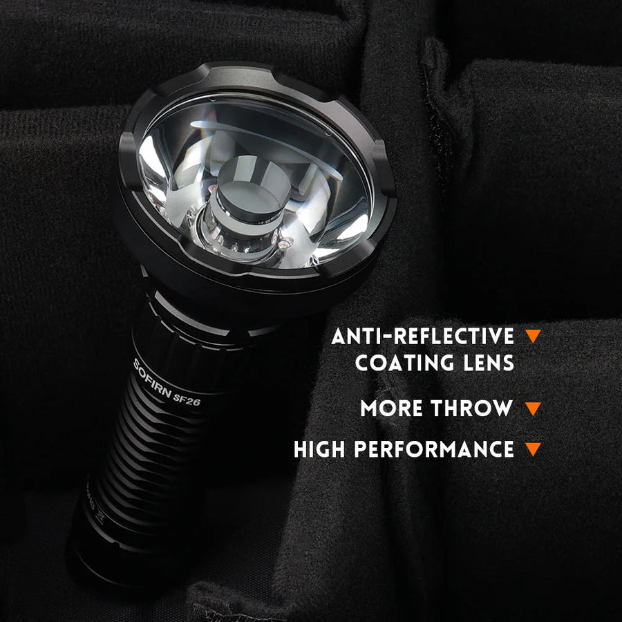 Close-up of a flashlight with text highlighting features on a dark background