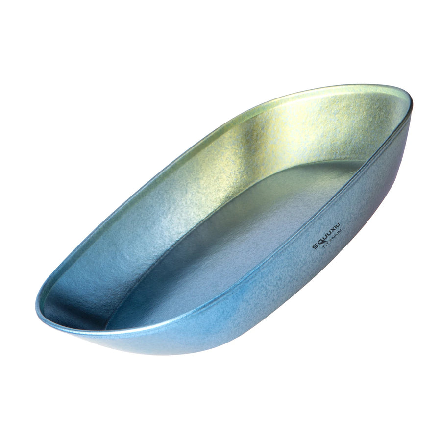 Metallic blue and silver plate on a white background