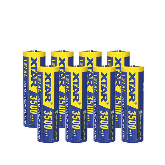 Eight Xtar lithium batteries with blue and yellow labels on a white background