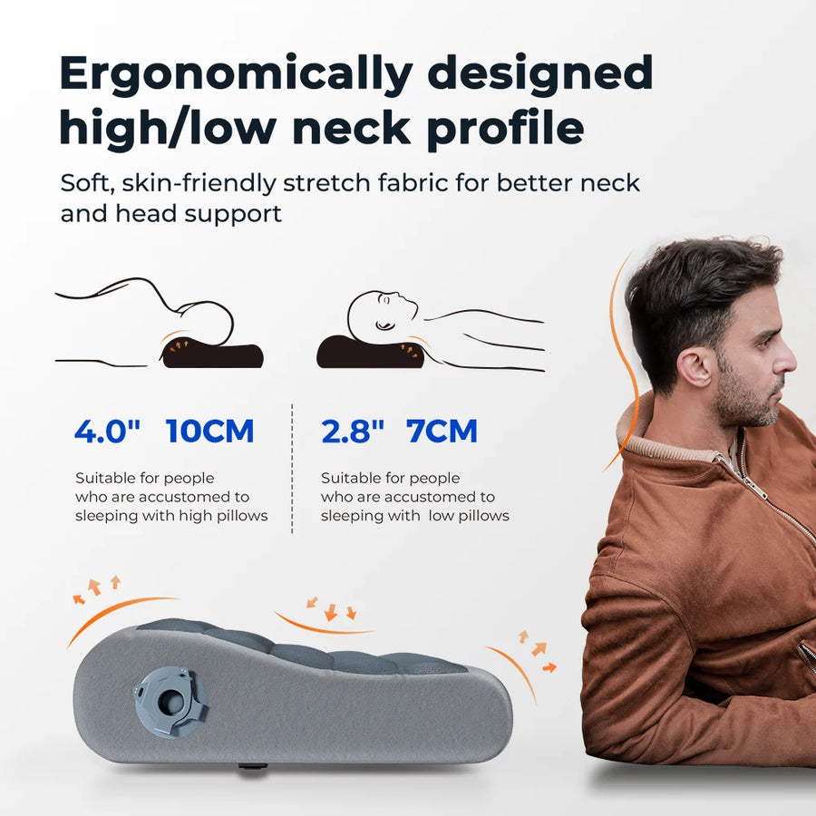 Ergonomic neck pillow with text on neck support and dimensions, featuring a man wearing a brown jacket.