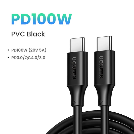 Black USB-C cable with UGREEN branding on a white background, featuring PD100W specifications.