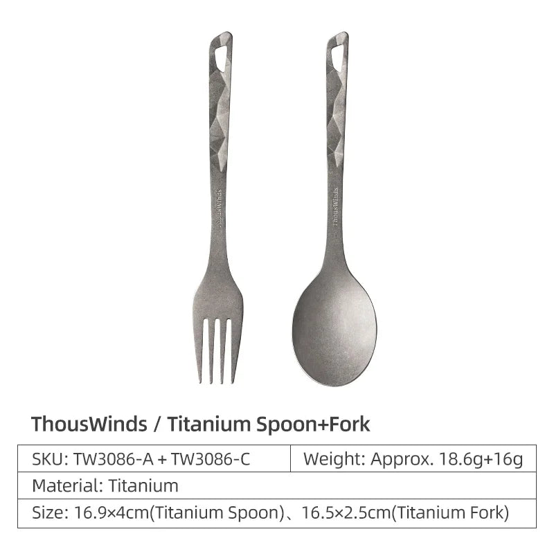 Titanium spoon and fork set on a white background with product details.