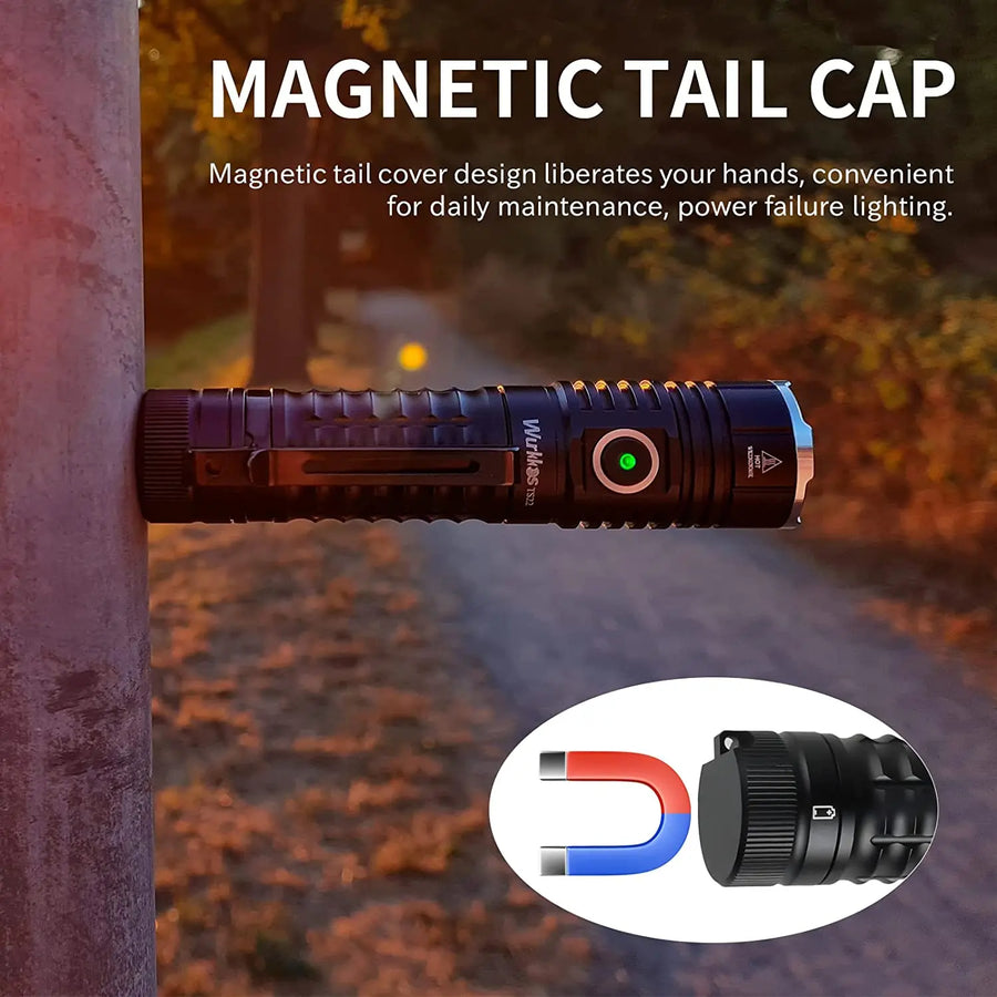 Flashlight with magnetic tail cap feature on a blurred outdoor background