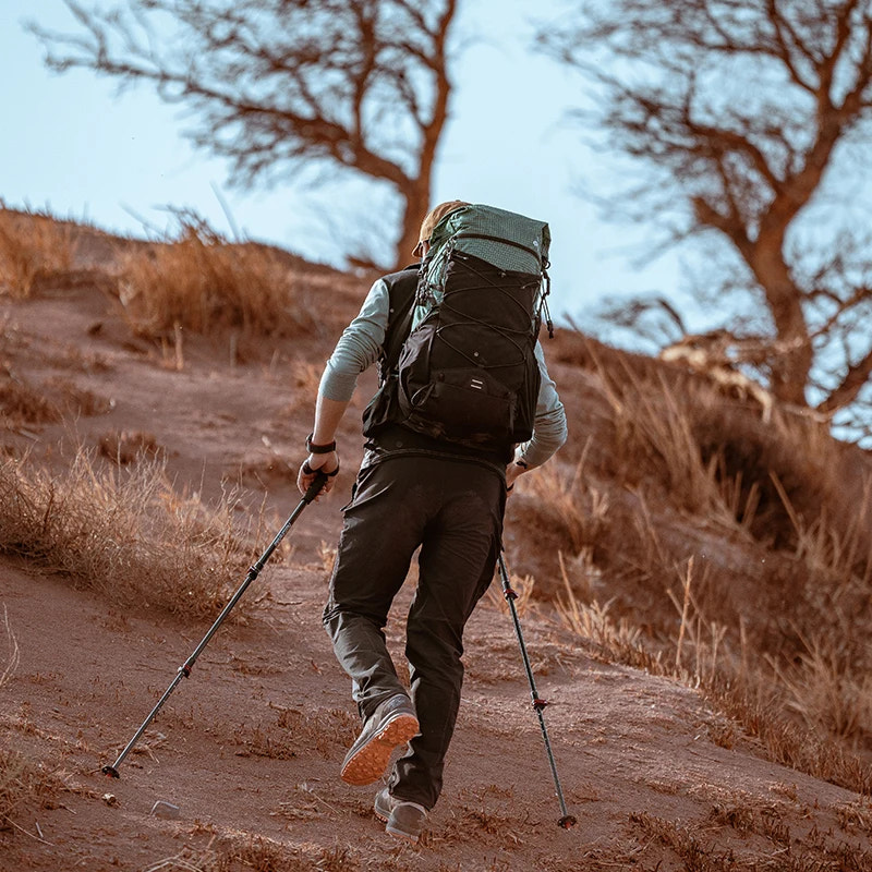 Person hiking on a dirt path with backpack and walking sticks in a natural landscape.