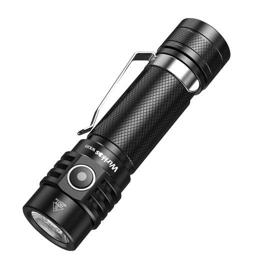 Black flashlight with visible brand logo on a white background