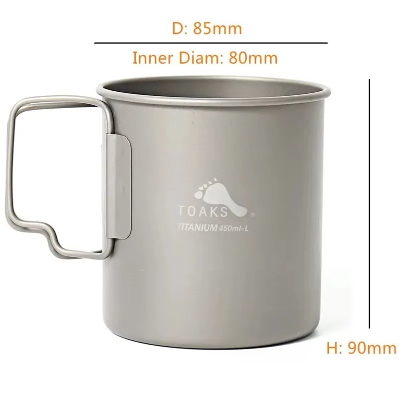 Titanium mug with handle and dimensions on a white background