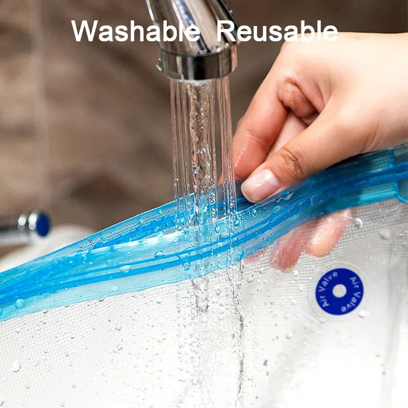 Plastic bag being rinsed under running water with 'Washable Reusable' text above.