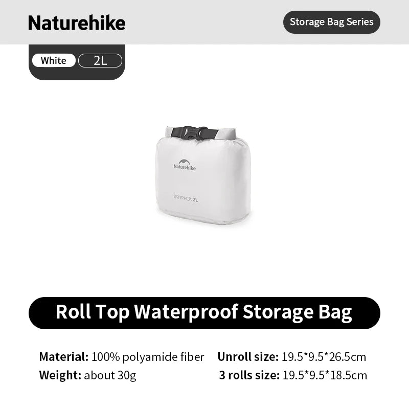White roll top waterproof storage bag with Naturehike branding on a white background