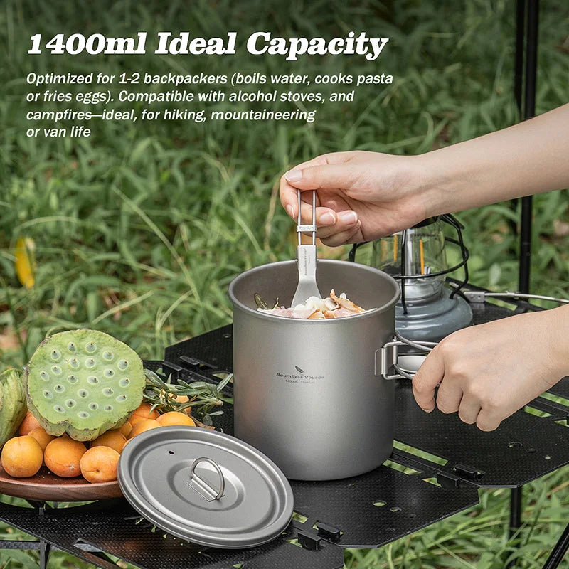 Camping pot with a person using it outdoors, surrounded by nature.
