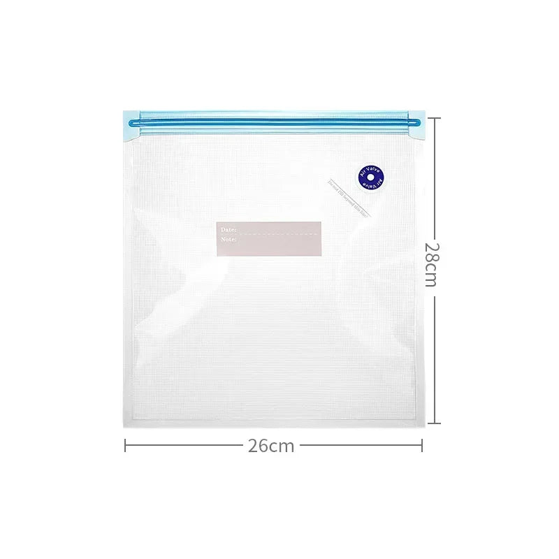 Clear ziplock bag with blue zipper and measurements on a white background