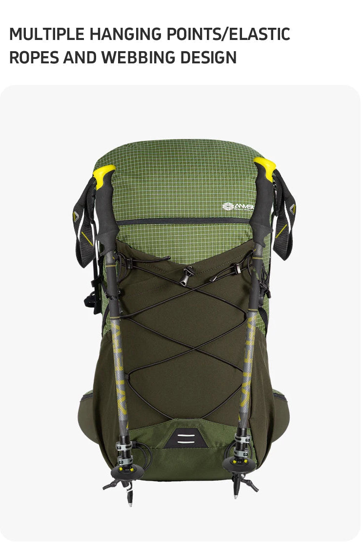 Green hiking backpack with multiple hanging points and elastic ropes on a white background