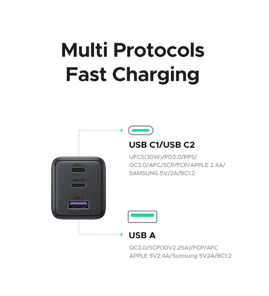 Black multi-socket charging station with USB ports on a white background