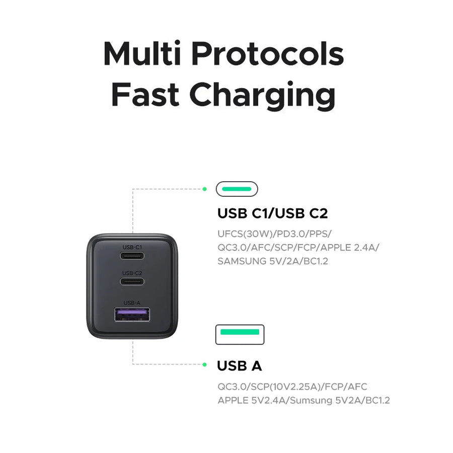 Black multi-socket charging station with USB ports on a white background