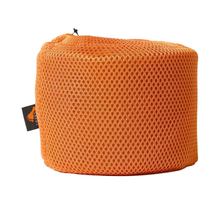 Orange mesh bag with a brand tag on a white background