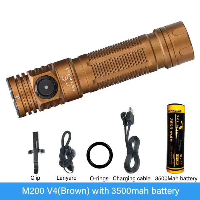Brown flashlight with accessories on a white background