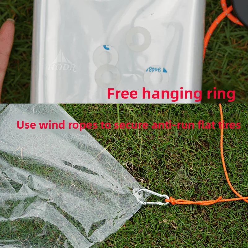 Product with a free hanging ring and instructions on using wind ropes to secure anti-run flat tires on grass.