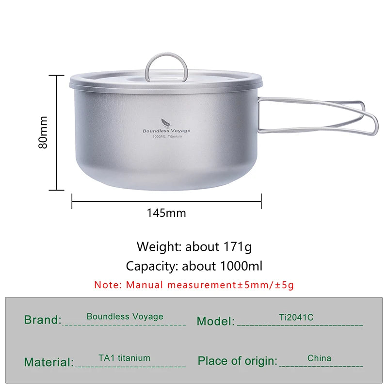 Titanium pot with dimensions and weight information on a white background