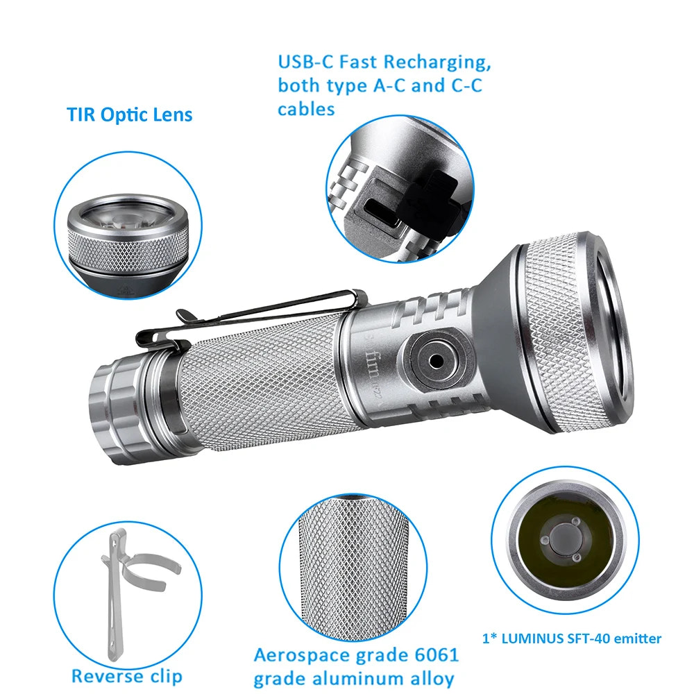 Silver flashlight with features highlighted on a white background