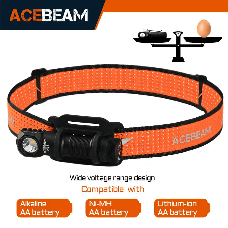 Orange headlamp with battery compatibility information on a white background
