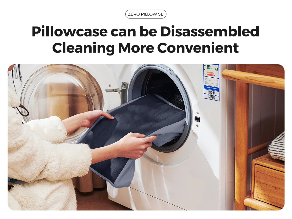 Person holding a disassembled pillowcase in front of a washing machine with text about convenience.