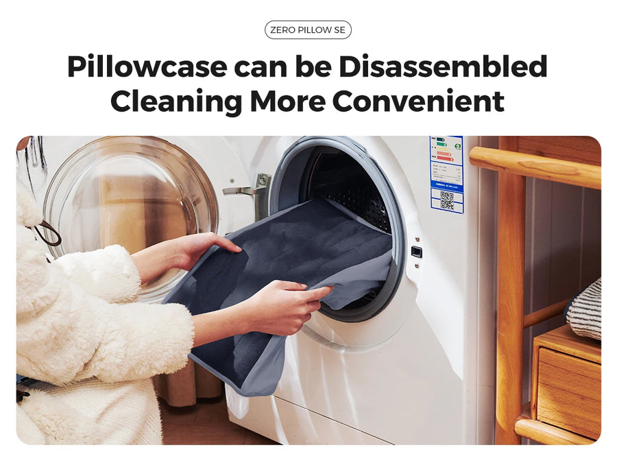Person holding a disassembled pillowcase in front of a washing machine with text about convenience.