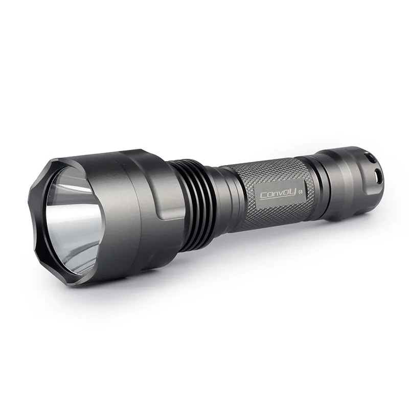 Gray flashlight with 'Convoy' branding on a white background