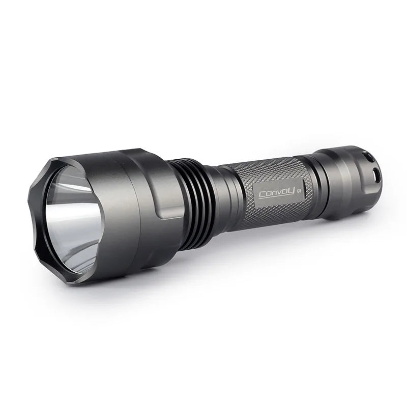Gray flashlight with 'Convoy' branding on a white background