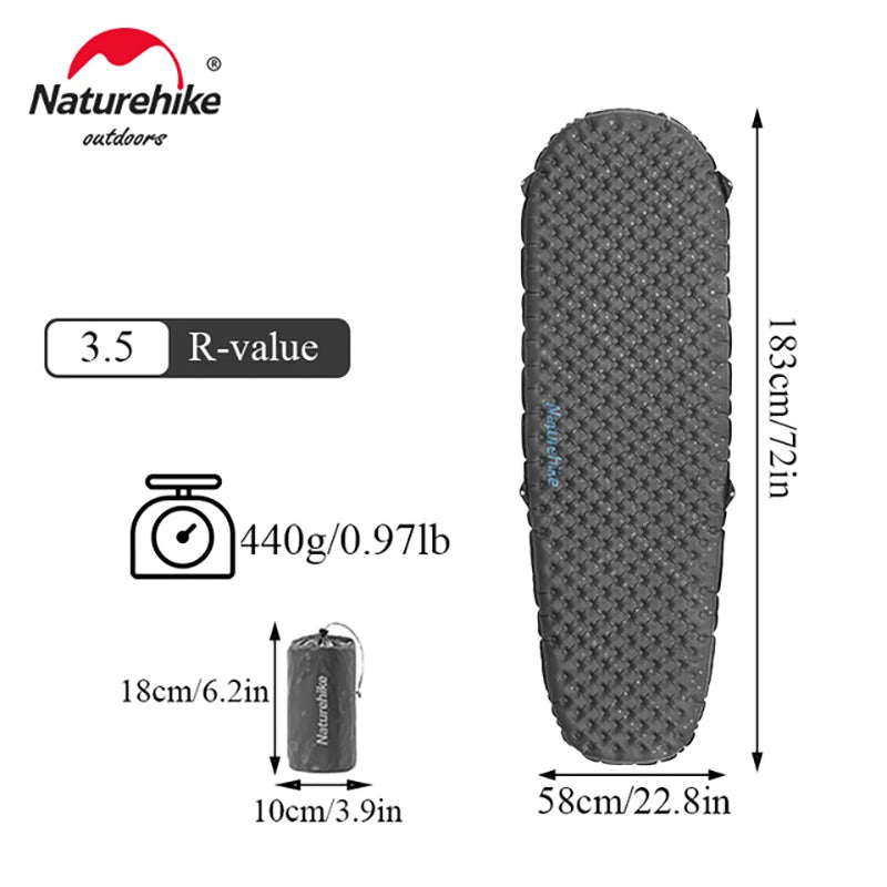Gray sleeping pad with measurements and features on a white background, featuring the Naturehike brand.